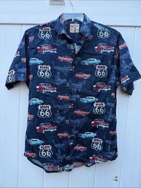 RedHead Navy Short-Sleeve Route 66 Classic Car Print Shirt